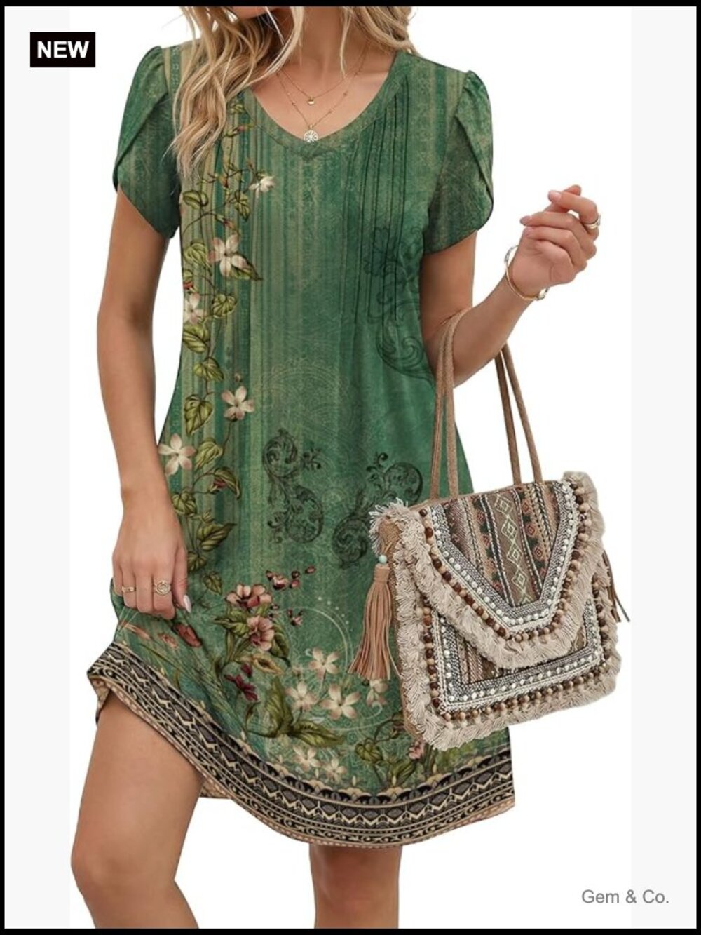 Green Floral V-Neck Short Sleeve Dress